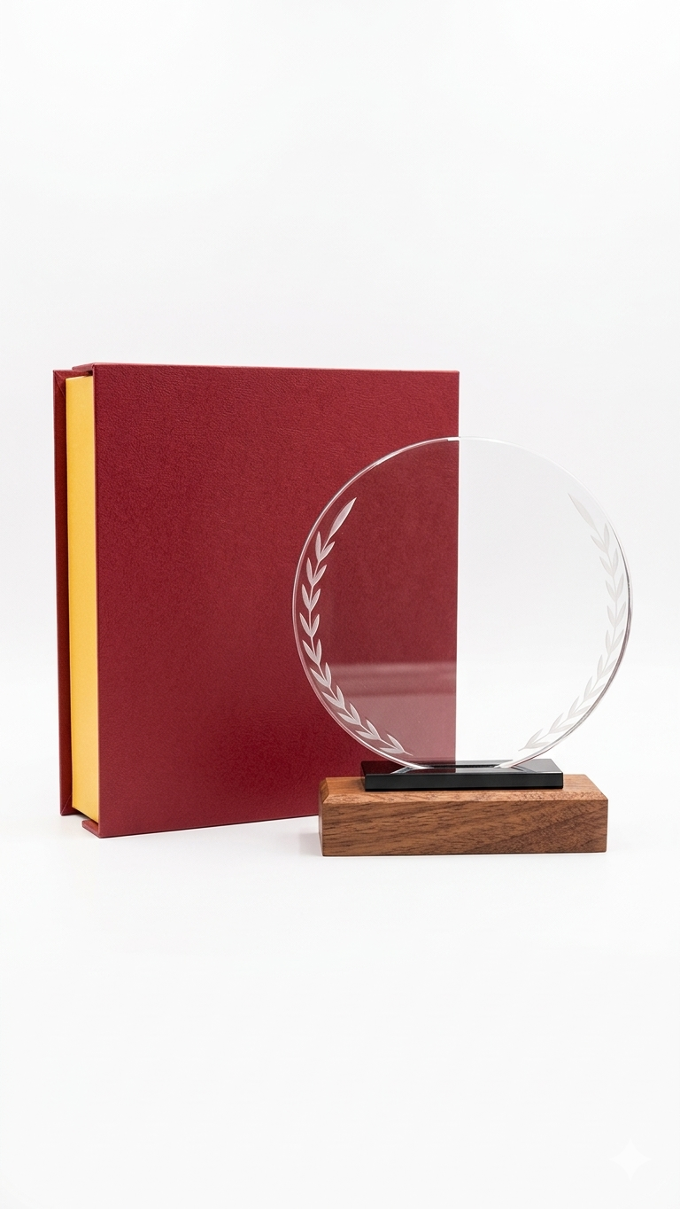 درع كريستال دائري 15سم قاعدة خشبية